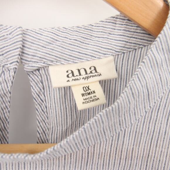 ANA Blouse White Gray Striped Ruffle Detail Long Sleeve Round Neck Cotton 0X - Picture 6 of 8